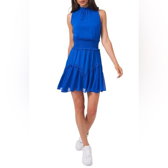 NWT 1.STATE Fabiana Blue Mock Neck Smocked Waist Ruffle Party Dress - Picture 9 of 9